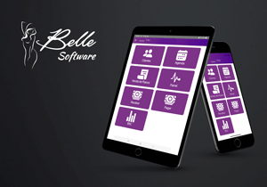 tablet e celular com aplicativo do belle software e logo no canto da imagem
