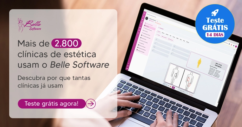 Sistema para clínica de estética Belle Software com mais de 2.800 clínicas usando, tela do sistema em notebook e botão de teste grátis