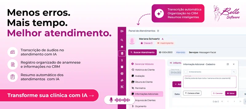 IA para clínicas de estética com transcrição de áudio, organização de anamnese e resumo automático no CRM