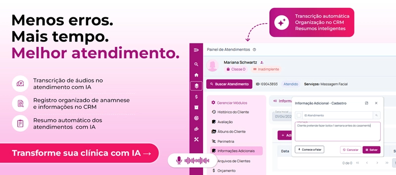 Inteligência artificial para clínicas de estética com transcrição de áudio, organização de anamnese e resumo automático no CRM